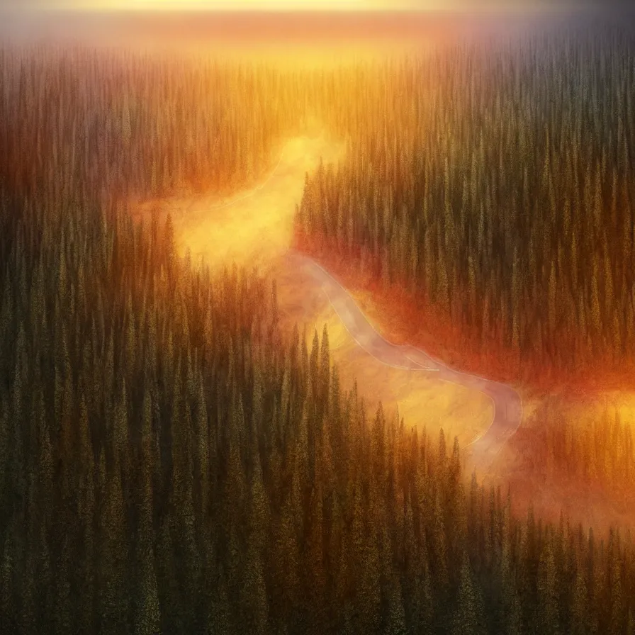 Image similar to surrealist semiabstract rendition of a single epic highway road going down to the horizon through a thick pine forests and rocky mountain coasts plunging into an immense sunset. bird view, atmospheric foggy landscape, psychedelic, ultra realistic, modern art, photorealistic, octane render, by nori inoguchi and sam kaplan and zachary goulko and christopher marley