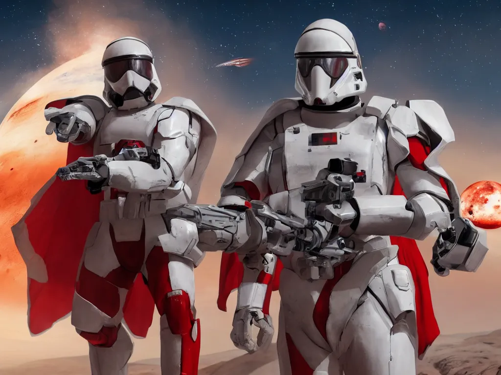 Prompt: gigachad space trooper in glossy sleek white armor with small red details, no helmet, red cape, heroic posture, firing laser rifle, on the surface of mars, explosions in the background, night time, dramatic lighting, cinematic, sci-fi, hyperrealistic, movie still