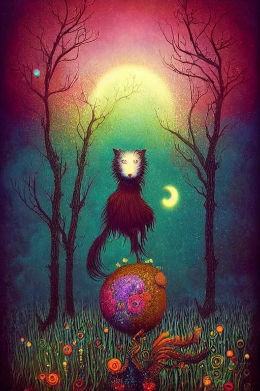 Image similar to surreal hybrid animals, fantasy, fairytale animals, flowerpunk, mysterious, vivid colors, by andy kehoe