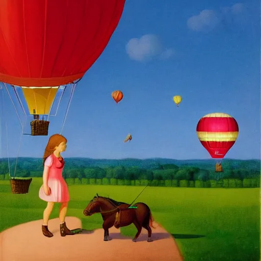 Image similar to a girl and her horse enjoy a hot-air balloon show by Raphael, Hopper, and Rene Magritte. detailed, romantic, enchanting, trending on artstation.