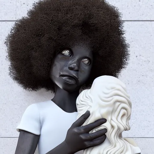 Image similar to a photorealistic all white marble sculpture of a black girl with an afro crying