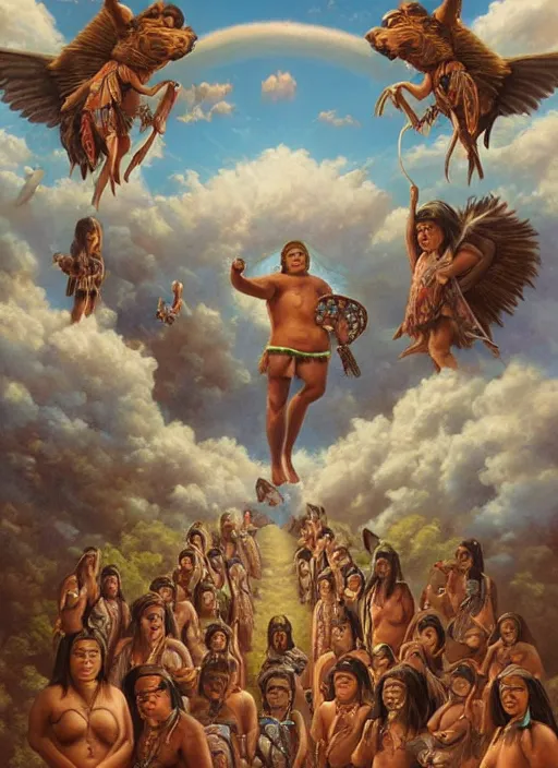 Image similar to faces of indigenous amazonian grandfathers and grandmothers spirits in the clouds, smiling, protection, benevolence, ancestors, detailed faces, art by christophe vacher