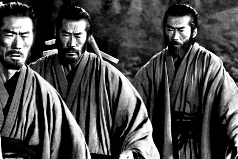 Image similar to clint eastwood and toshiro mifune as a ronin samurai brothers, in robes, in the movie seven samurai ( 1 9 5 4 ). grainy movie still, high detail