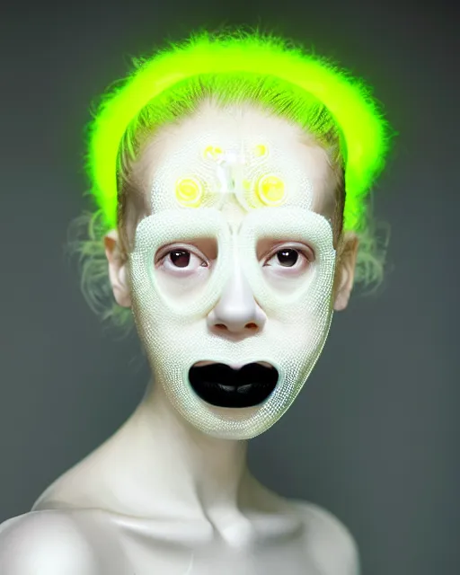 Prompt: portrait of a woman wearing a white embroidered translucent silicone mask and white neon yellow frizzy hair buns, wearing a black bodysuit by alexander mcqueen, cream white background, soft diffused light, biotechnology, humanoide robot, bjork aesthetic, translucent, by rineke dijkstra, intricate details, highly detailed, masterpiece,