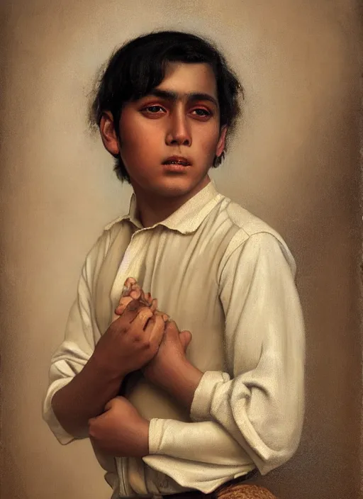 Image similar to portrait of a handsome mexican boy in old jalisco, painting by manuel sanjulian and tom bagshaw, oil on canvas, hyperrealism