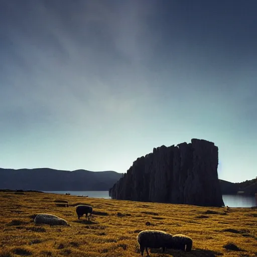 Image similar to a beautiful landscape with a lake and a big monolith, sheep grazing, fractal rock formations, cinematic light, late afternoon, long shadows,