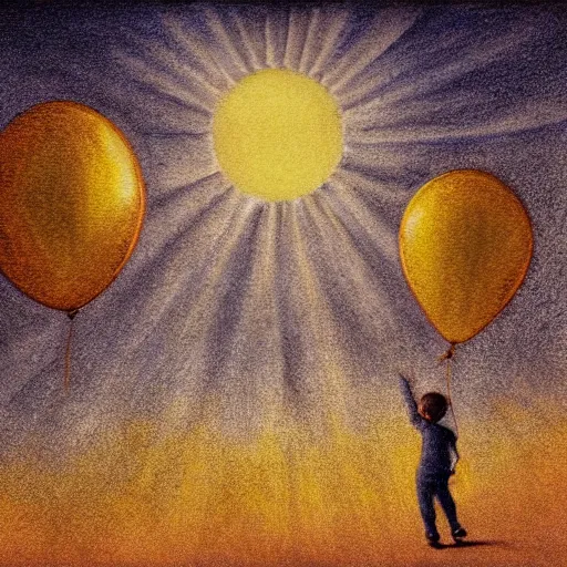 Image similar to boy holding balloons in the sky floating towards the sun, cloudy misty sky, hyper realism, highly ornate intricate details, 1 9 2 0's colored pencil, very sharp photo,