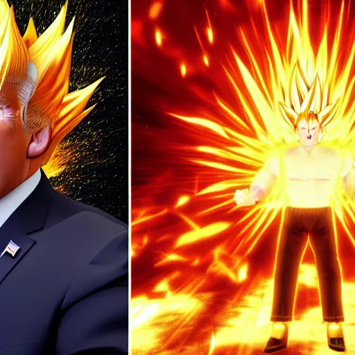 Image similar to ultra - realistic, 3 d render of donald trump going super - saiyan with manga energy explosion in the background, octane render