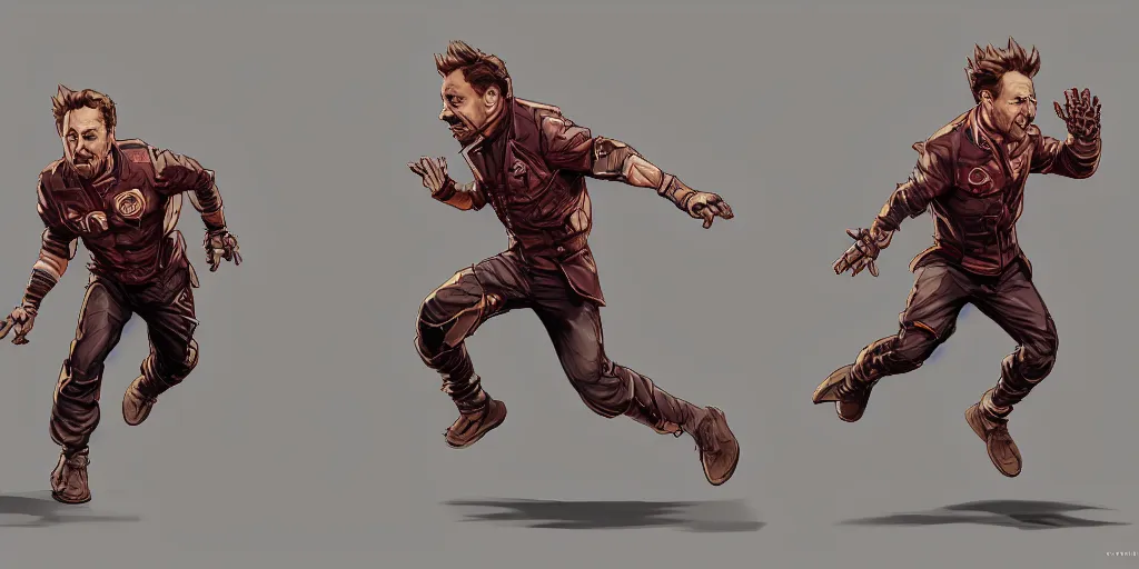 Prompt: cartoonish robert downey jr running, character sheet, fine details, concept design, contrast, kim jung gi, greg rutkowski, trending on artstation, 8 k, full body, turnaround, front view, back view, ultra wide angle