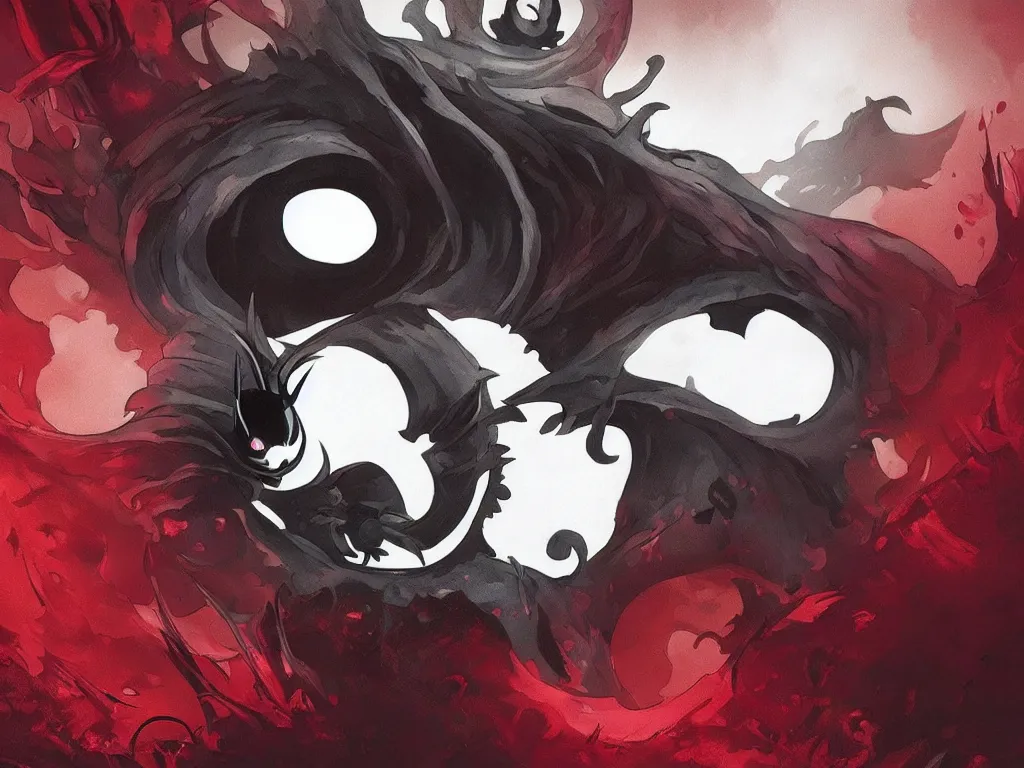 Image similar to cover art for hollow knight. Ominous. High detail. No text. Red. Colors. nightmare king grimm. Sharp. 4K 8K. Detailed shapes.