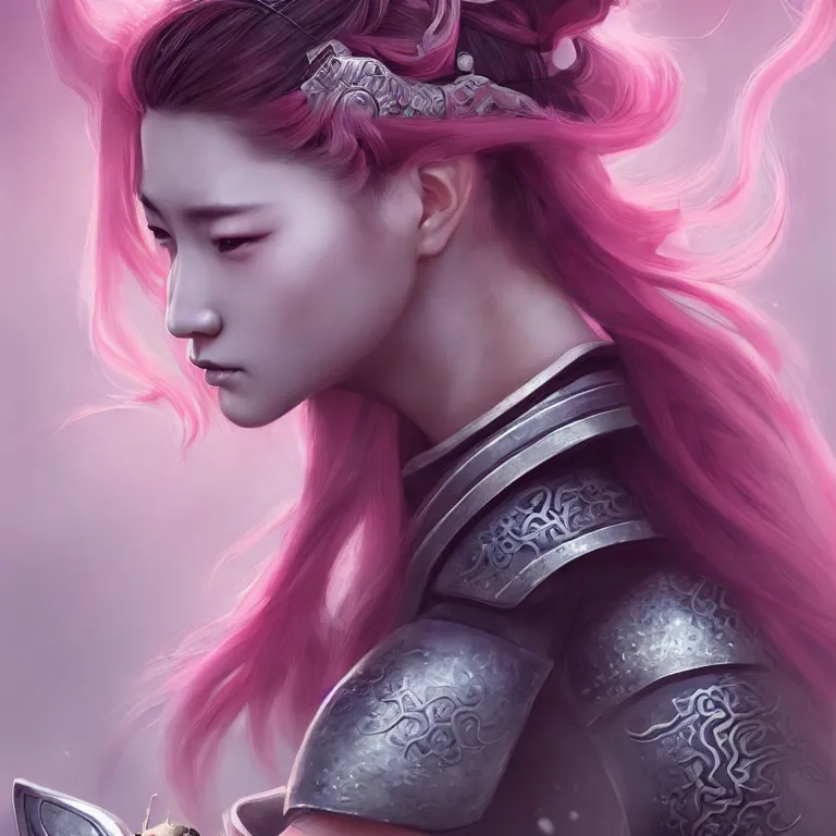 Prompt: cute female samurai wearing pristine armor with pet panda by charlie bowater and titian and artgerm, portrait, intricate, face, pink sakura forest, flowing hair, grey eyes, elegant, magenta mist, highly detailed, dramatic lighting, sharp focus, trending on artstation, artstationhd, artstationhq, unreal engine, 4 k, 8 k