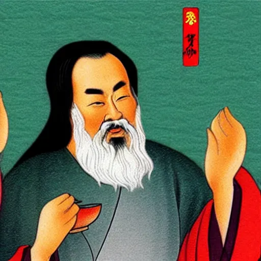 Image similar to confucius, lao tzu, jesus drinking tea in a chinese tea house, happy, smiling, fist bumping