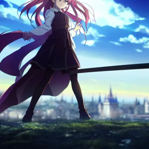 Image similar to emma watson, heavens feel movie, demon slayer, ufotable, kyoani, high quality, artstation, key visual, cinematic, city background, night time, rooftop, fate stay night, unlimited blade works, greg rutkowski, high resolution, dynamic pose, extreme close up, rin outfit, anime, high angle, high budget