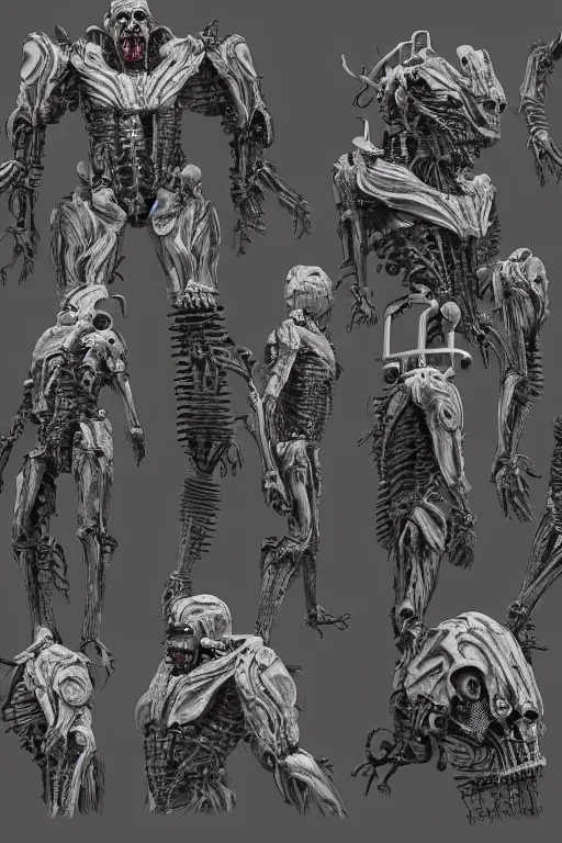 Prompt: cyborg zombie king with gunmetal grey skin, medical anatomy, very symmetrical face, highly detailed, mecha, three - perspective / three - view reference sheet ( front / back / side ), in the style of james gurney, dan ouellette, hr giger, sil from species, dren from splice, biomechanical, artstation, unreal engine