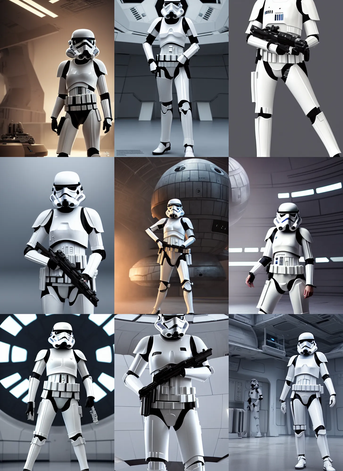 Prompt: female stormtrooper supermodel posing in front of deathstar interior, wearing stormtrooper armor, octane render, 8 k high resolution image, cinematic, cgsociety, artstation, artwork by artgerm, wlop, greg rutkowskiand