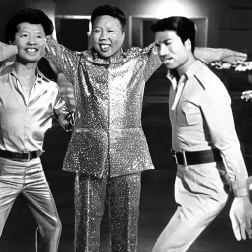 Image similar to A movie still of Pol Pot wearing a disco suit in Satuday Night Fever