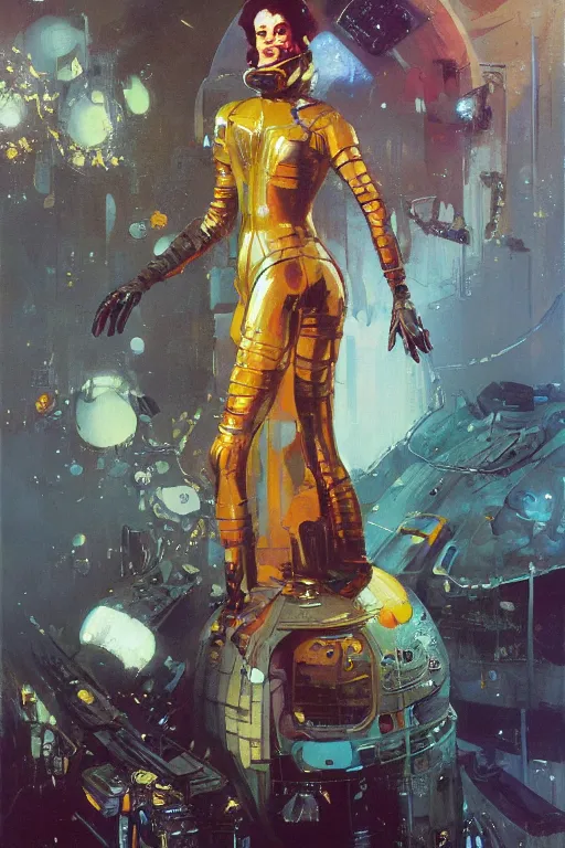 Image similar to pulp scifi fantasy illustration full body portrait of elegant woman wearing latex spacesuit, by norman rockwell, jack kirby, john berkey, bergey, craig mullins, ruan jia, raymond swanland, jeremy mann, beksinski, tom lovell, rodney matthews