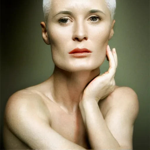 Prompt: realistic expired fuji film portrait of white albino demi moore, hyperrealism, photorealistic, detailed, atmospheric, 8 k, award winning photography, cinematic