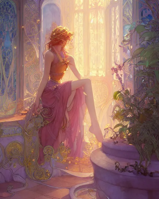 Image similar to secret romance, highly detailed,, gold filigree, romantic storybook fantasy, soft cinematic lighting, award, disney concept art watercolor illustration by mandy jurgens and alphonse mucha and alena aenami, pastel color palette, featured on artstation