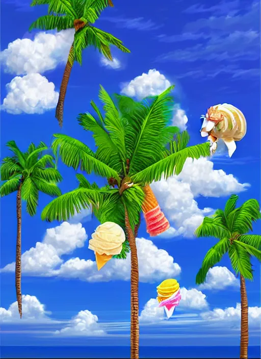 Image similar to ice cream floating in the sky over a tropical island by ralph goings, digital art