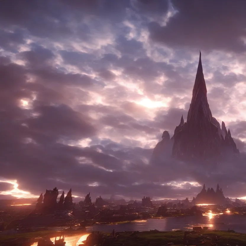 Image similar to the city of asgard. cinematic lighting, atmospheric lighting, focus, ultra - realistic, detailed.