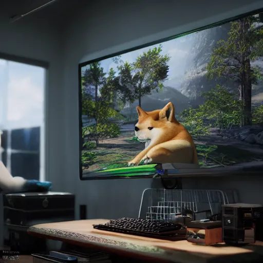 Image similar to photo of shibe playing video - game, realism, realistic, photorealism, f 3. 5, photography, octane render, trending on artstation, unreal engine, cinema 4 d