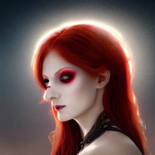 Image similar to redhead vampire sorceress, perfect face viewed in profile, bright glowing purple and red eyes, gold shirt, cinematic, floating ash, stunning, highly detailed, artstation, smooth, hard focus, concept art, art by artgerm and greg rutkowski and alphonse mucha, volumetric lighting, octane render, 4 k resolution, trending on artstation, masterpiece