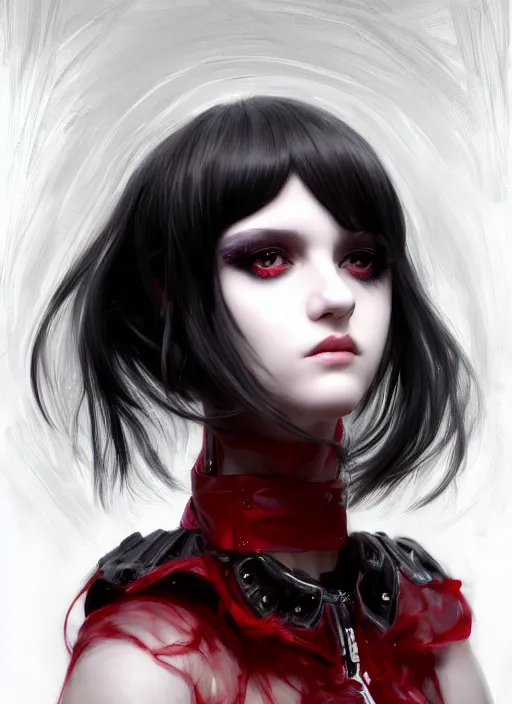 Image similar to portrait of white teenage girl, normal face, black bangs, mall goth, cyberlox, black and white hair, bangs, fluffy bangs, red contacts, intricate, elegant, highly detailed, digital painting, artstation, concept art, sharp focus, smooth, illustration, art by wlop, mars ravelo and greg rutkowski