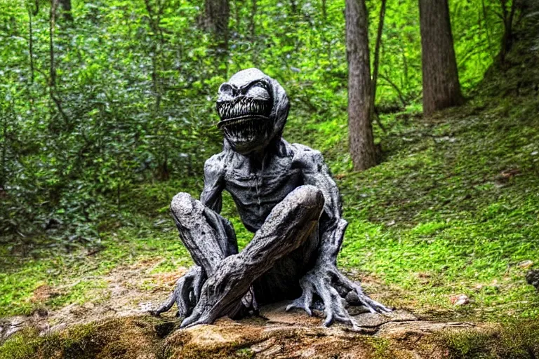 Prompt: high quality scary alienated monster statue sitting at the entrance of a cave in the middle of a forrest, highly detailed, cinematic smooth, stephen shore & john j. park, soft morning light, wide shot, high angle, uhd 8 k, deep focus