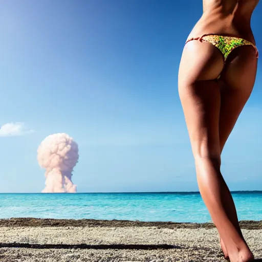 Image similar to beautiful bikini clad woman walking alone on a beach with a nuclear explosion in the background, rule of thirds