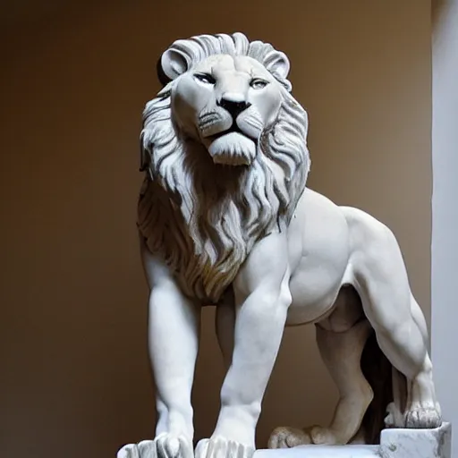 Prompt: statue of a lion made out of marble by michelangelo