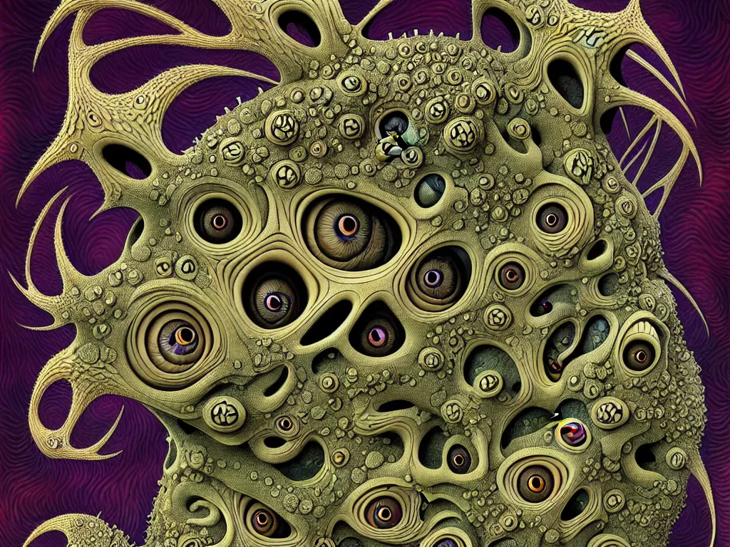 Prompt: weird monsters in cartoon style, fractal, microdetails, gondel ratio, eyes monsters, art by ernst haeckel and daniel martin diaz