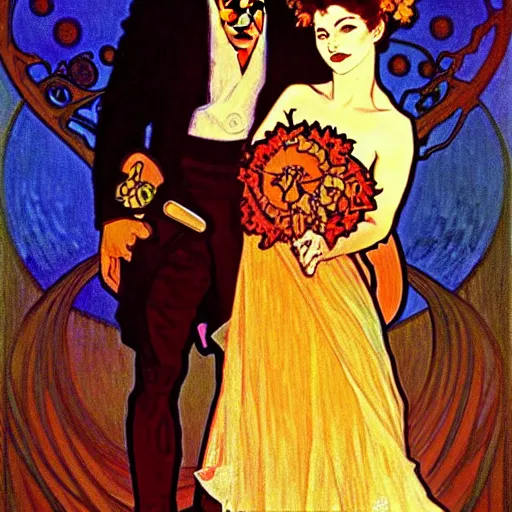 Image similar to painting of handsome young beautiful jeff and gorgeous rina together at the jack o'lantern halloween party, elegant, clear, painting, stylized, art, art by alphonse mucha, vincent van gogh, egon schiele,