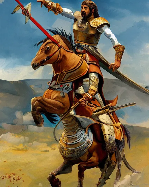 Prompt: ultrarealistic illustration of a spanish conquistador in battle riding a horse, by daniel zrom and pablo picasso and studio ghibli and salvador dali, facial features, handsome, cinematic lighting, sharp focus