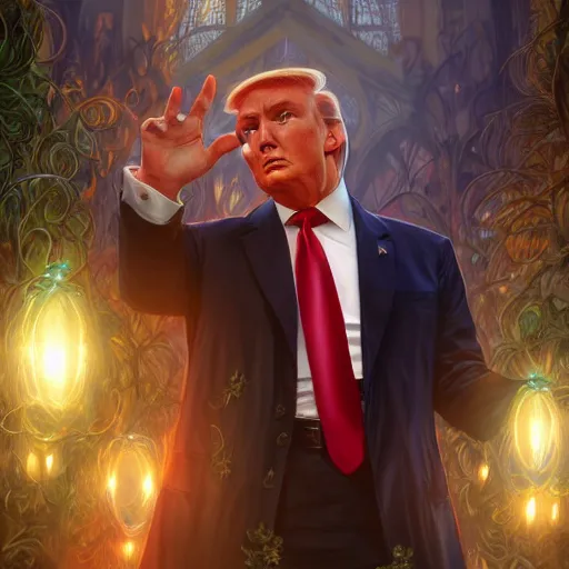 Image similar to ultra realistic illustration of magical president trump, forest, fantasy, colorful lights, intricate, elegant, highly detailed, digital painting, artstation, concept art, smooth, sharp focus, illustration, art by artgerm and greg rutkowski and alphonse mucha