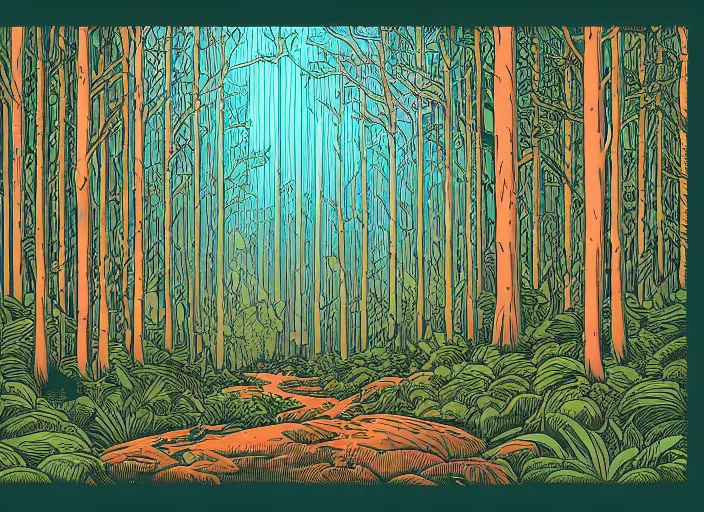 Image similar to an illustration of a forest by dan mumford, flat colors, beautiful, aesthetic