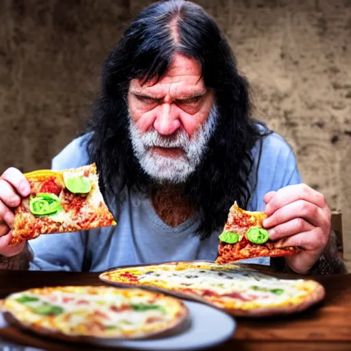 Prompt: a grumpy old danish man with long black hair eating pizza while DMing an AD&D game, D&D, rogue, dark hair, skinny, middle aged, dice, dungeons & dragons, cape