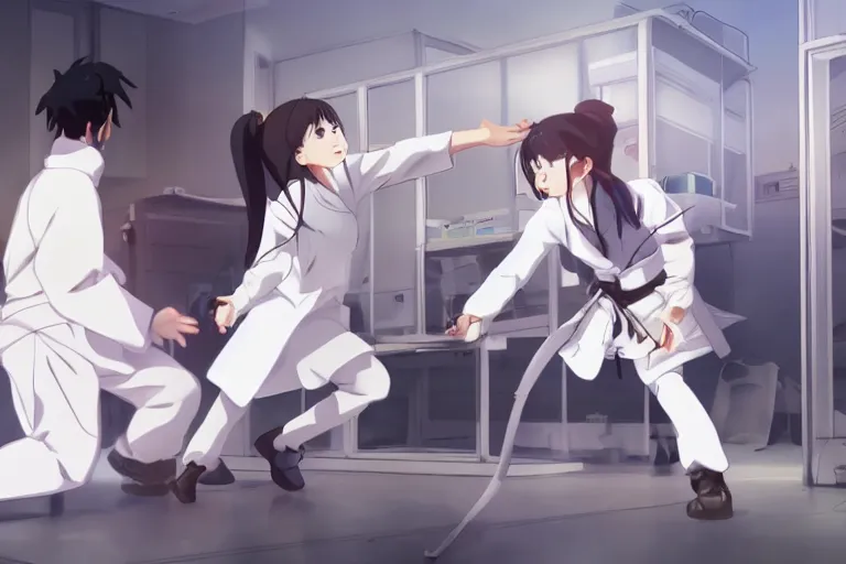 Image similar to a cute young female ninja wearing white coat is attacking an old surgeon in a hospital, lighting, anime scenery by Makoto shinkai