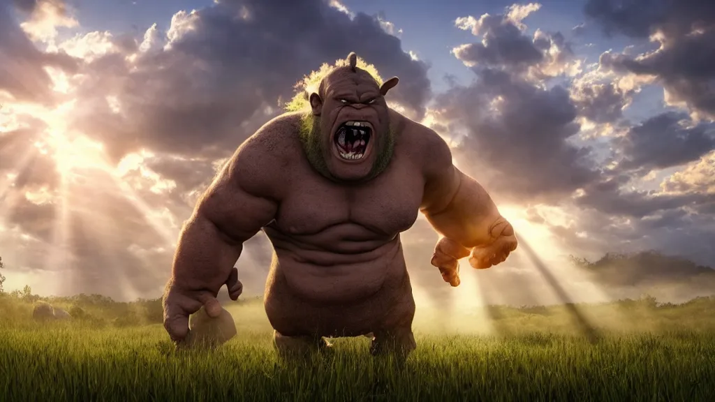 Image similar to a huge violent angry ogre stomps through a meadow, crepuscular rays, photorealistic