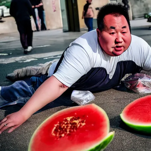 Image similar to a chinese fat guy lay on the ground with blood in a melon stall