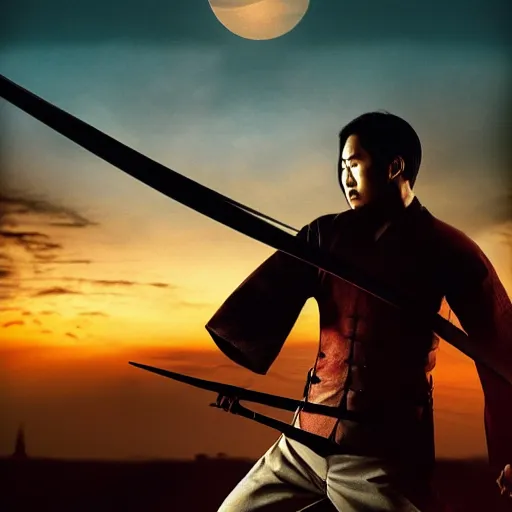 Prompt: epic movie cover depicting a samourai facing the sunset, cinematic lighting