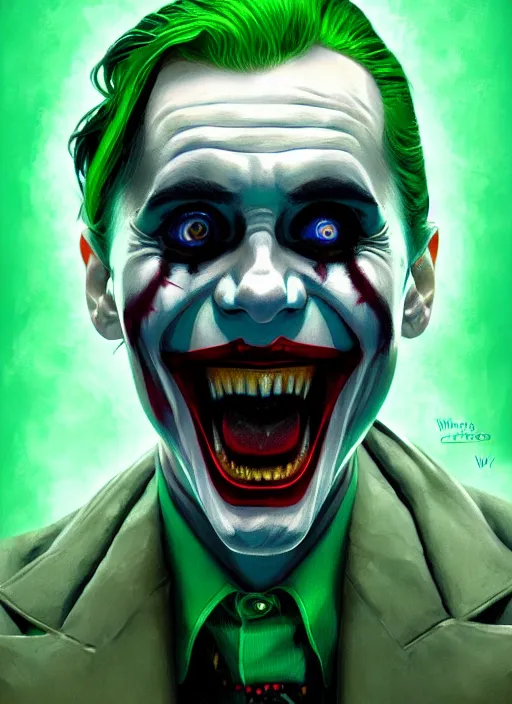 Image similar to portrait of jared leto as the joker, green hair, intricate, elegant, glowing lights, highly detailed, digital painting, artstation, concept art, sharp focus, illustration, art by wlop, mars ravelo and greg rutkowski