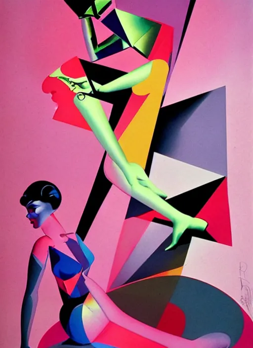 Image similar to futuristic laser girl pinup, by steven meisel, james jean and rolf armstrong, geometric cubist acrylic and airbrush painting with retro and neon colors