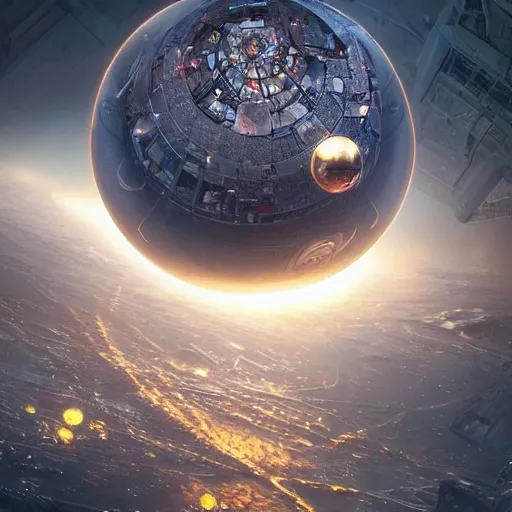 Prompt: the orb of spectacular and intricate technology. the gigantic orb is a floating space station for a miniature city, hyperdetailed 1 6 k resolution fantasy art digital art by jan urschel and neil blevins and tony diterlizzi
