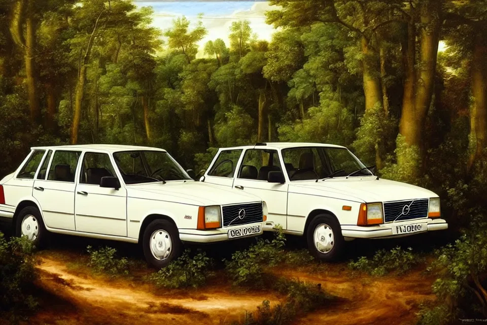 Prompt: classic white volvo 240 in a lush forrest, oil painting, raphael high renaissance, stunning details