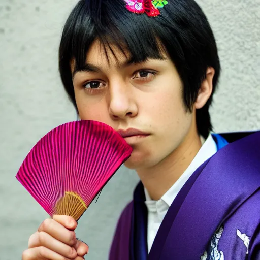 Image similar to teenager boy with straight indigo hair, purple eyes with red eye markers, slim body, wearing a detailed Japanese kimono, holding a japanese fan, Super-Resolution, HSL, 2-bit, VR, Uniform, Nano, Senary, RTX, insanely detailed and intricate, hypermaximalist, elegant, ornate, hyper realistic, super detailed, full body, full body shot, full image