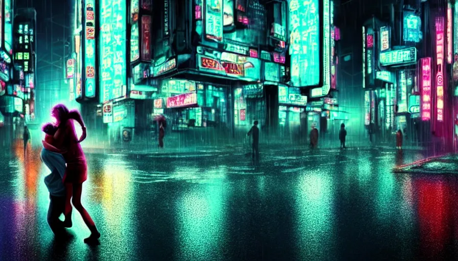 Image similar to photography, highly detailed a doctor with prostheses carries a girl's body in his arms through an empty neon city, cyberpunk, rain, night, cyberpunk futuristic neon, hyperrealism, detailed and intricate environment