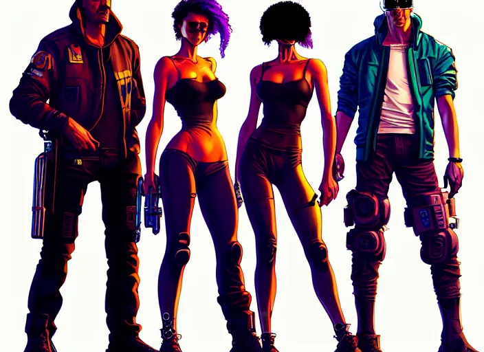 Image similar to cyberpunk street gang. portrait by stonehouse and mœbius and will eisner and gil elvgren and pixar. character design. realistic proportions. cyberpunk 2 0 7 7 character art, blade runner 2 0 4 9 concept art. cel shading. attractive face. thick lines. the team. diverse characters. artstationhq.