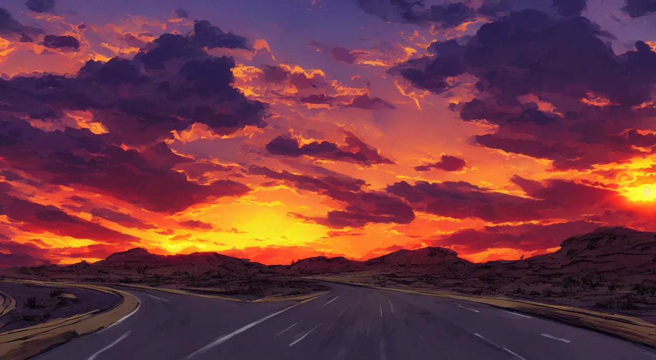 Image similar to sunset on highway beautiful sky southwest graphic novel illustration by frank miller concept art matte painting artstation 4 k