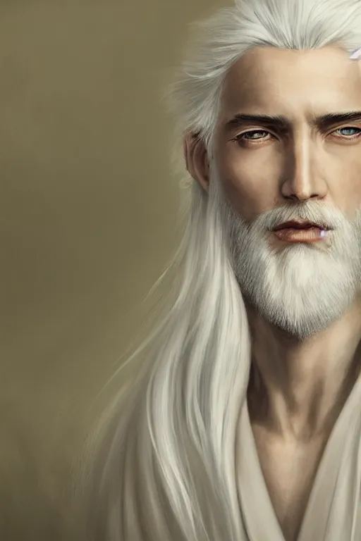 Image similar to white haired robe fu xi full male front body portrait, distant view, very long white beard and hair, long hair shawl, fine kindness delicate prefect face features gaze, piercing eye, elegant, style of tom bagshaw, cedric peyravernay, peter mohrbacher, victo nga, 4 k hd illustrative wallpaper, animation style, chinese style